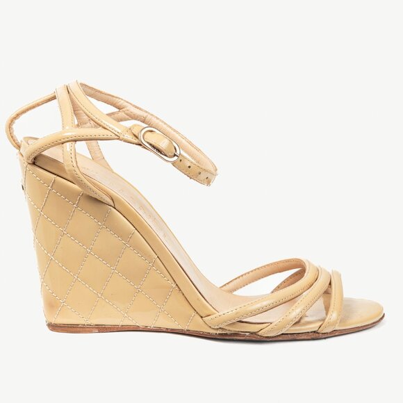 Chanel Beige Patent Leather Quilted-Wedge Sandals - Picture 1 of 10
